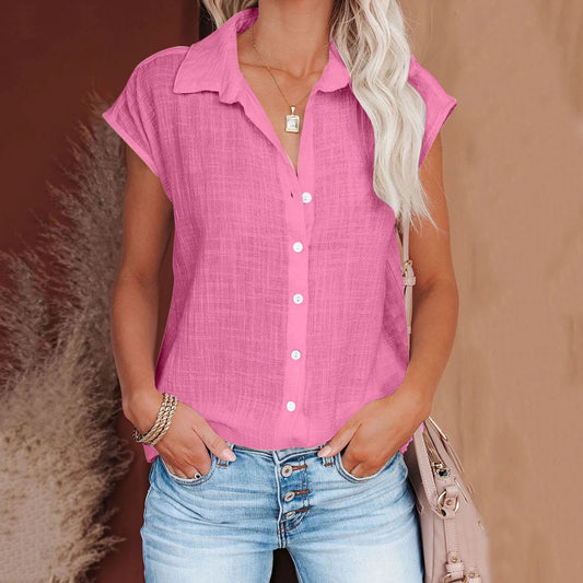 HallolillaCN Summer Cotton Linen Shirt Women Short Sleeve