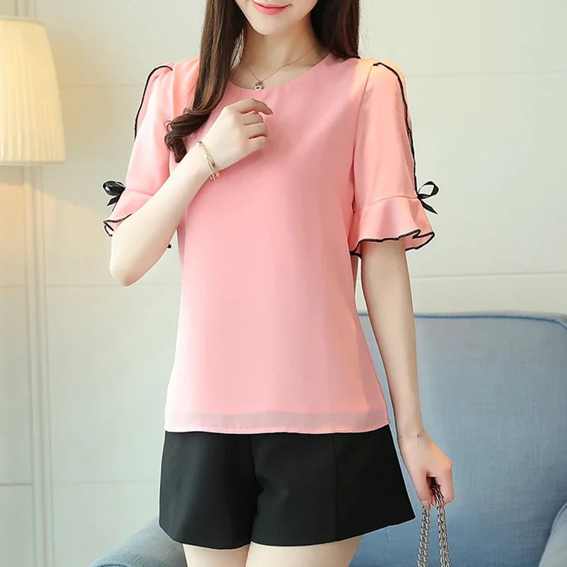 Magesuek Chiffon Women Blouse Short Sleeve Bow Elegant