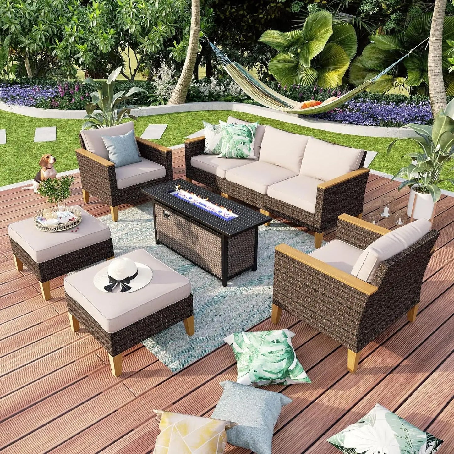 9 Piece Wicker Patio Furniture Set with 56 Inch Fire Pit Table All Weather PE Rattan Patio Sectional Sofa Conversation Set