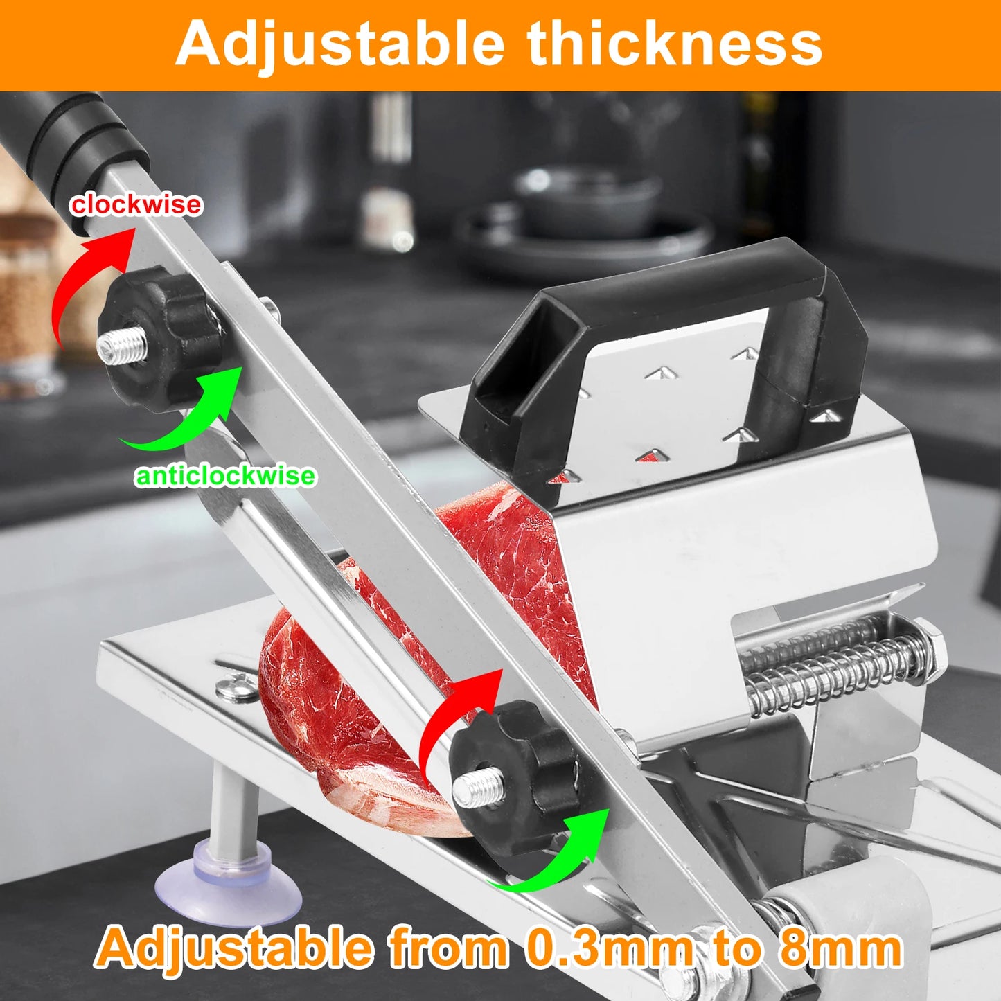 Stainless Steel Meat Slicer with Adjustable Thickness and Suction Cups