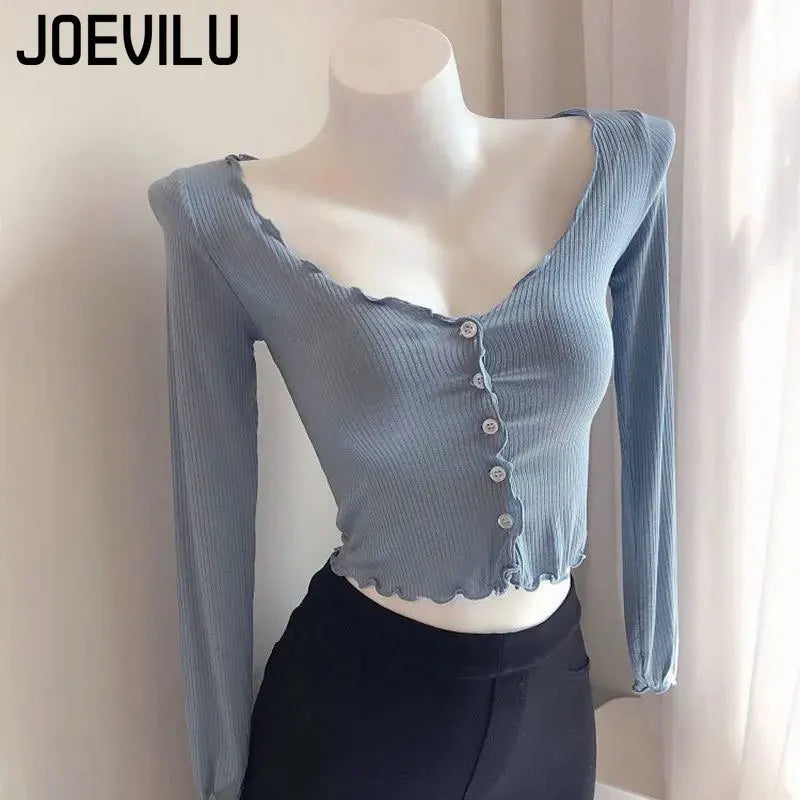 JOEVILUCN Slim Knit Shirt Crop Top Cardigan V Neck Ladies