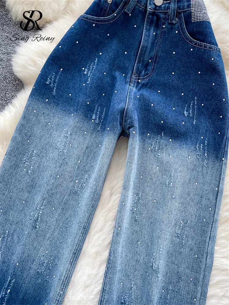 SR.Singreiny High Street Gradient Jeans Women High Waist