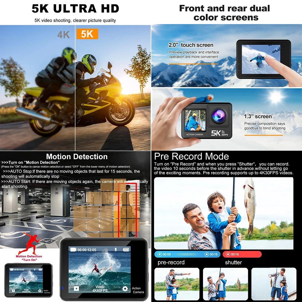 5K Action Camera with Dual Screen and Waterproof Design
