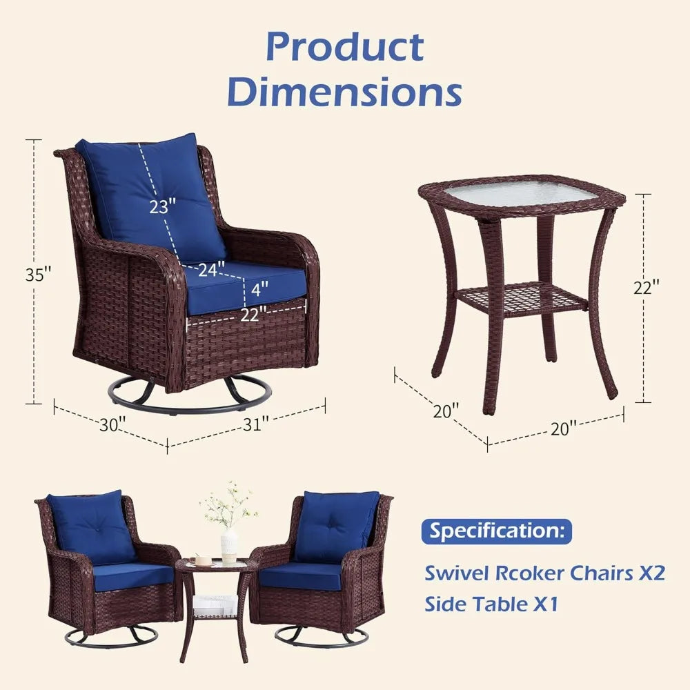 HUANZHUANG Patio 3 Piece Wicker Set With Swivel Chairs