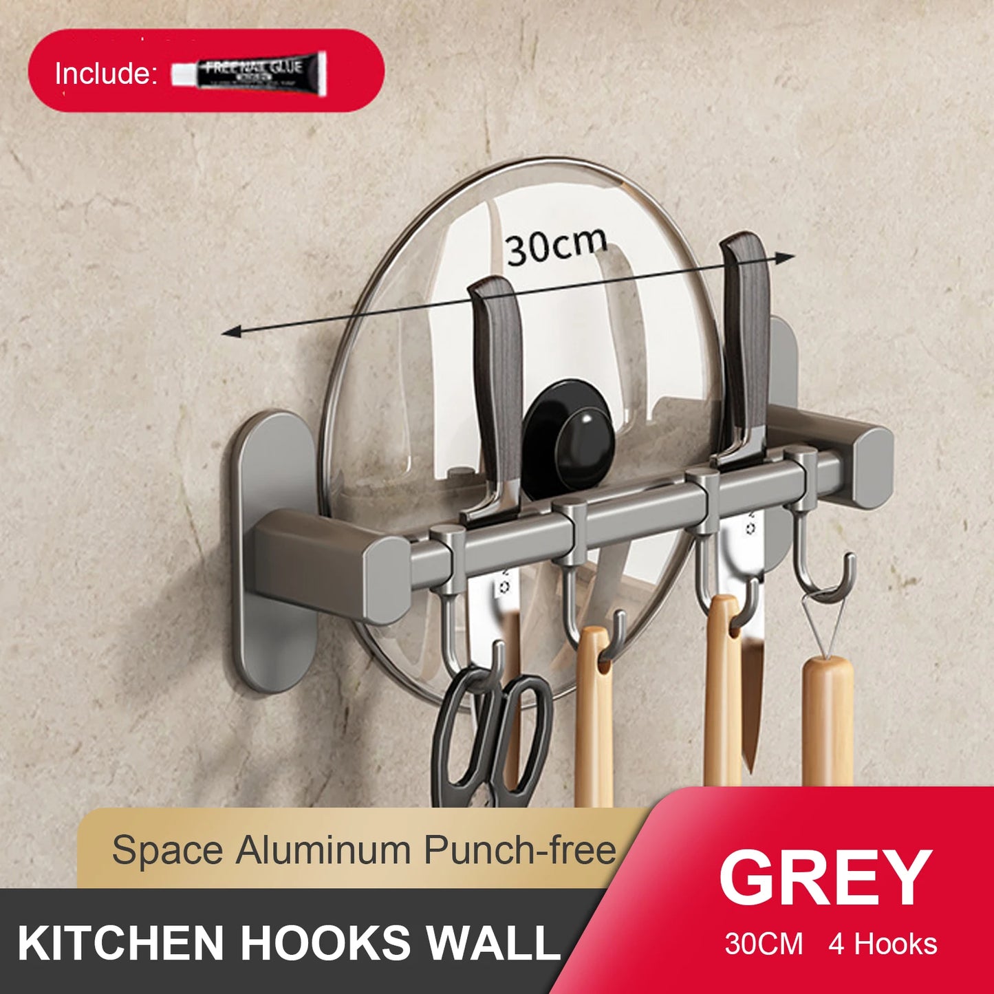 RUITHOEC Wall Mounted Kitchen Hook Rack No Punching Rail