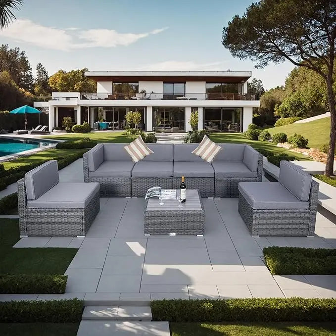 7 Piece Outdoor Patio Furniture Set with Cushions PE Rattan Wicker Sectional Conversation for Garden Deck Poolside