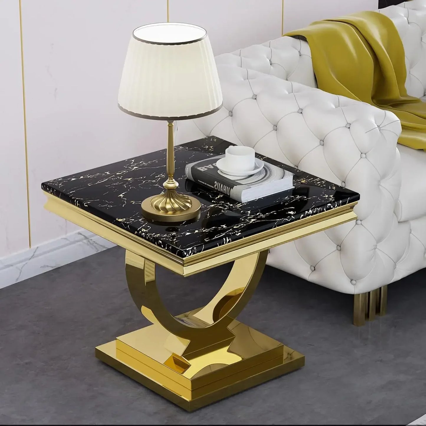 47 Inch Rectangular Coffee Table Modern White Faux Marble Cocktail Table with Silver Mirrored Finish U Shape Stainless Steel Base