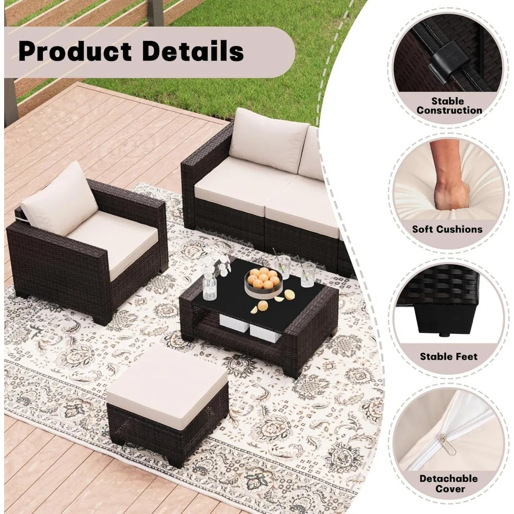 Patio Furniture Set 7 Pieces Conversation Set Wicker Outdoor Sectional Sofa Ergonomic Armrests Couch with Cushion