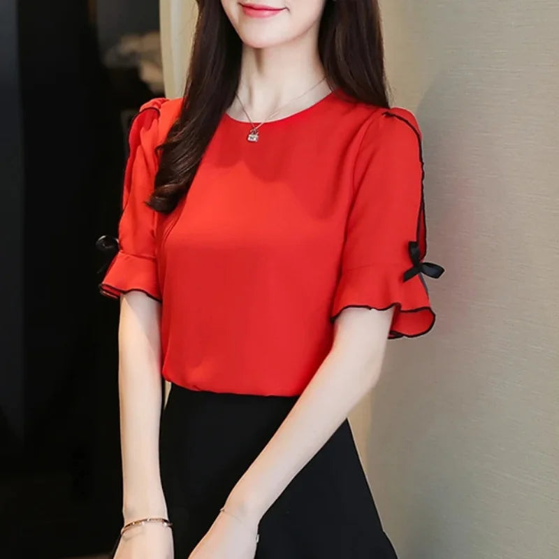 Magesuek Chiffon Women Blouse Short Sleeve Bow Elegant
