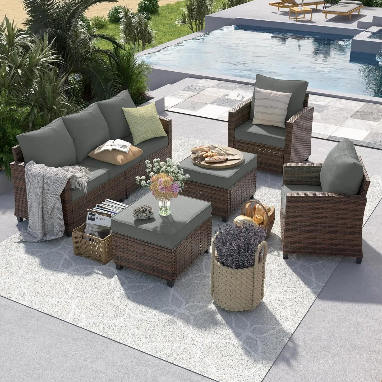 Outdoor Patio Furniture Set with 44 Inch Fire Pit Table for Garden Backyard Deck 6 Pieces Sectional Conversation Set