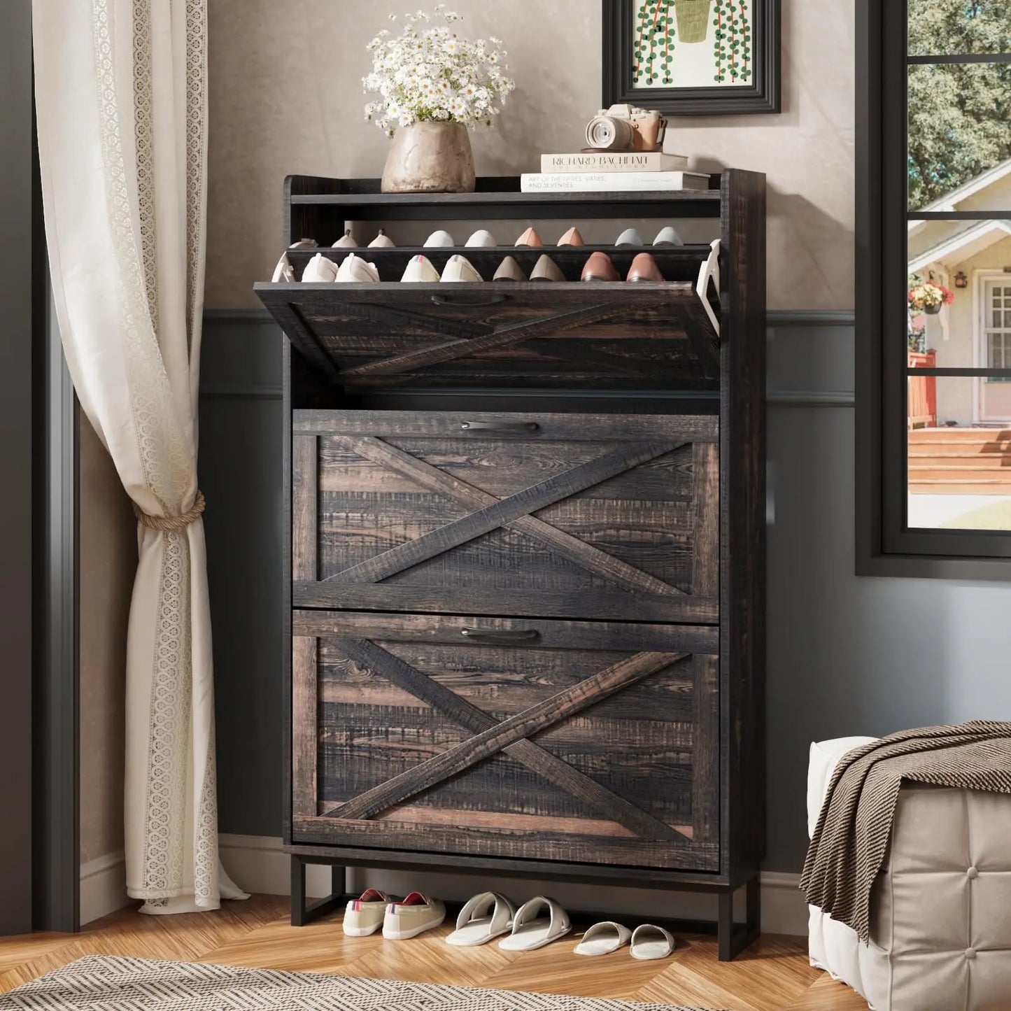 Modern Shoe Cabinet with 3 Flip Drawers for Entryway Storage