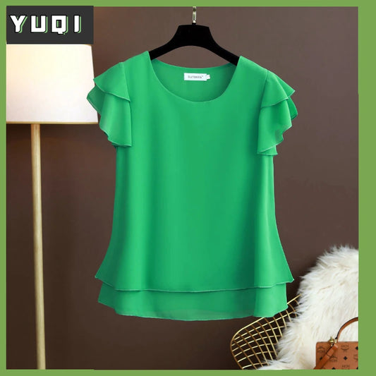 YUQI Fashion Summer Plus Size Loose Casual Chiffon Blouse Top