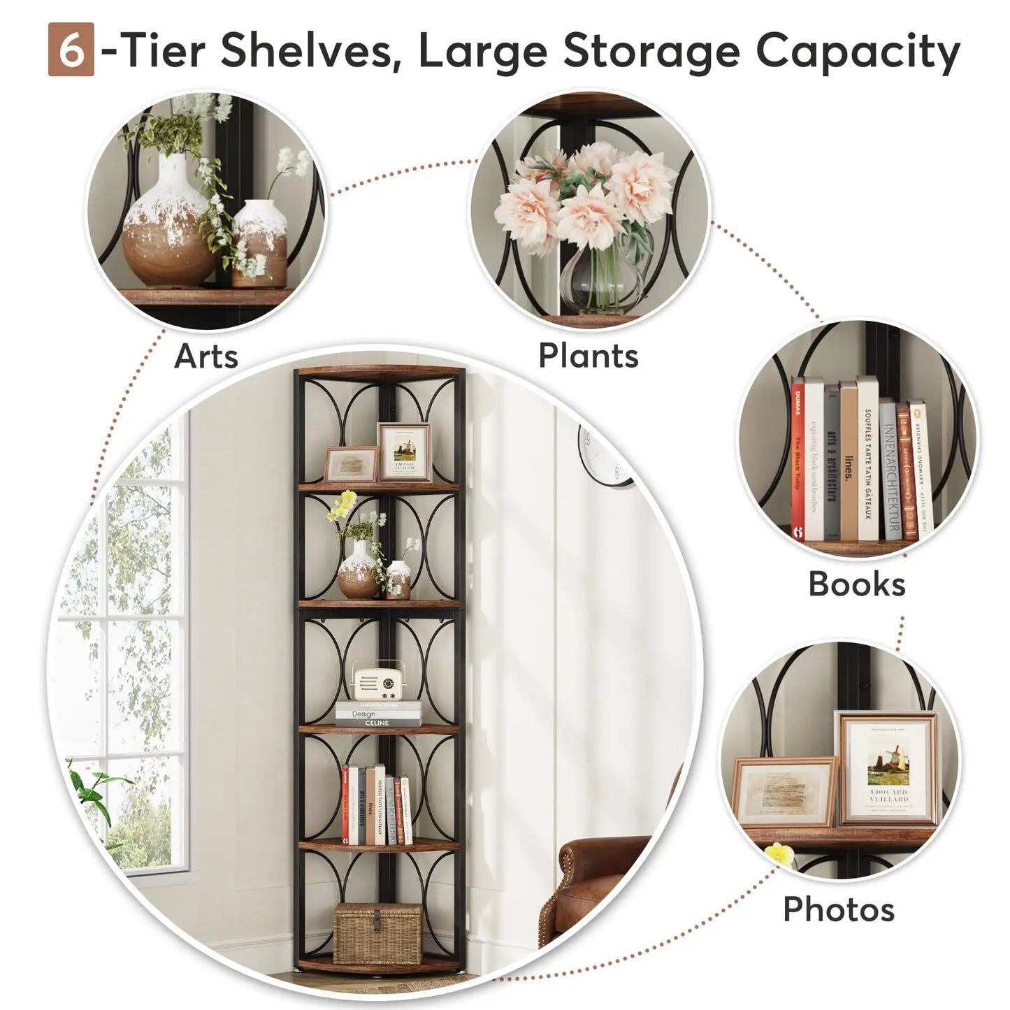 Tribesigns 6 Tier Corner Shelf Rustic Bookcase Storage