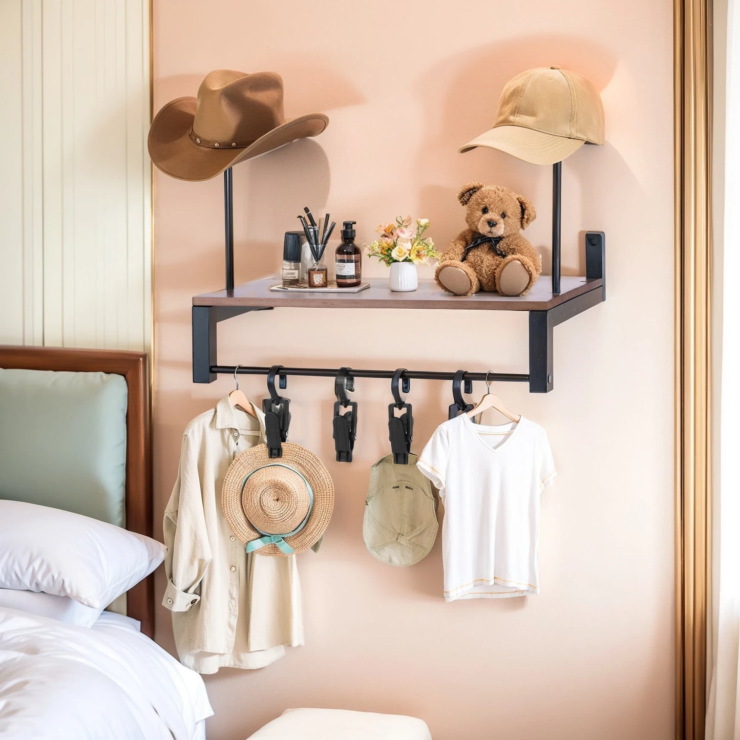 Wooden Motorcycle Helmet Holder with Five Hooks Storage Rack