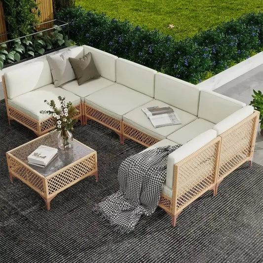 7 Piece Wicker Patio Furniture Set with Glass Table