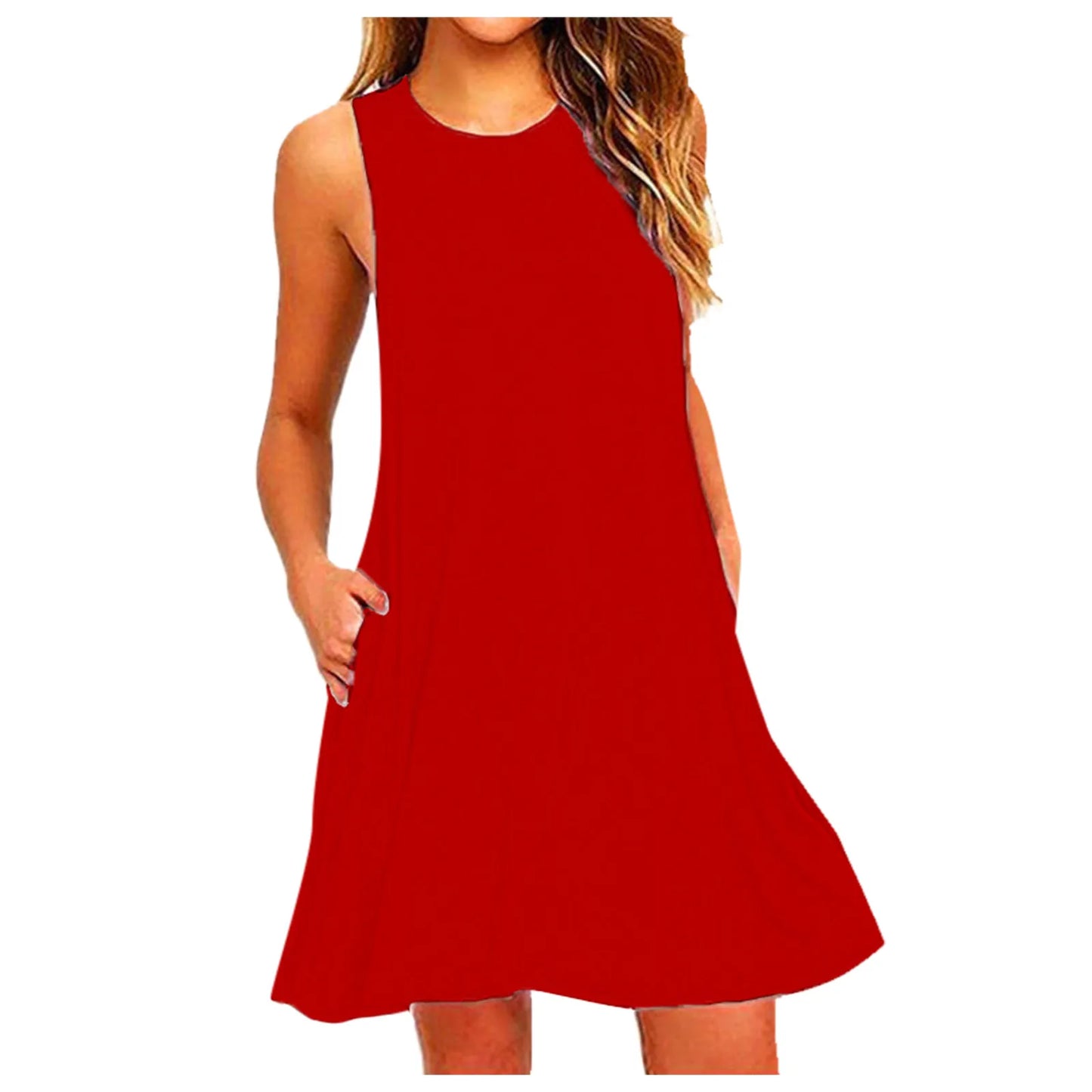 Women Summer Casual Pleated Tank Dress with Pockets