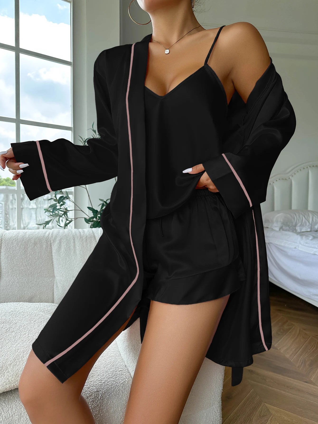 Zhejiang Satin Pajama Set Women V Neck Cami Top And Shorts