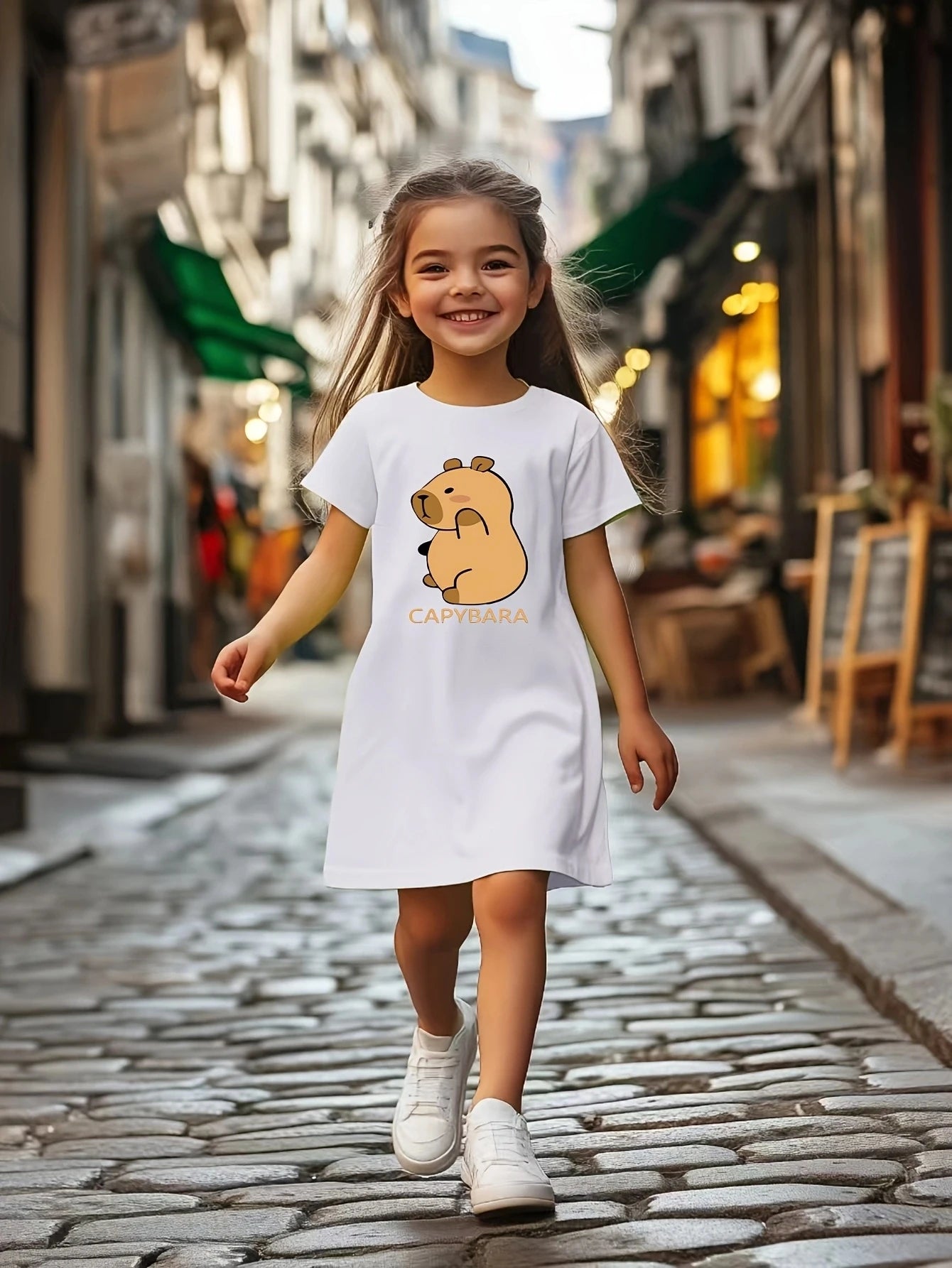 Girls Casual Dress with Capybara Cartoon Animal Print
