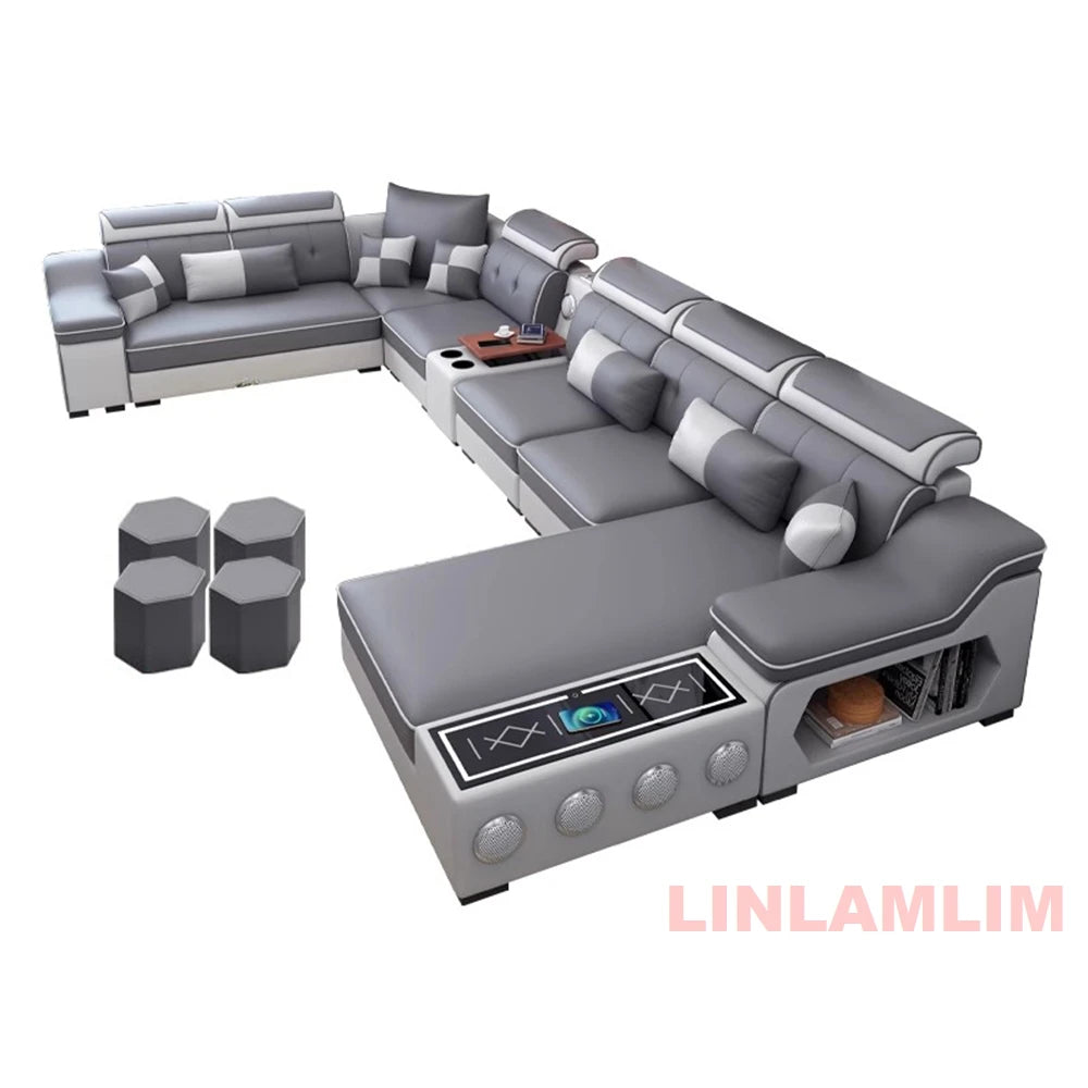 Modern Sectional Sofa Set with Bluetooth Speakers and USB Ports