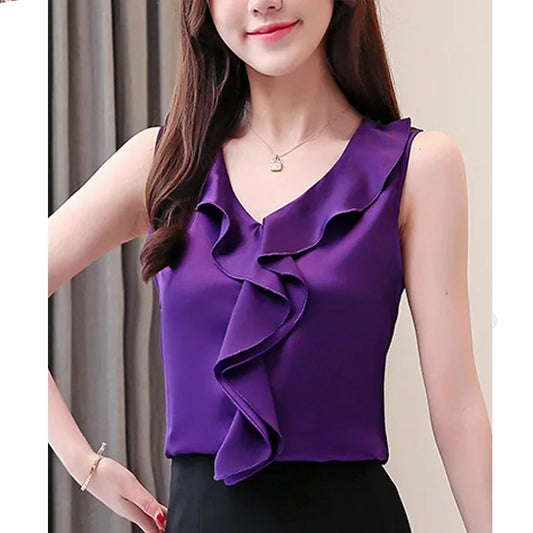 SURWENYUECN Women Chiffon Blouse V Neck Loose Fit Elegant