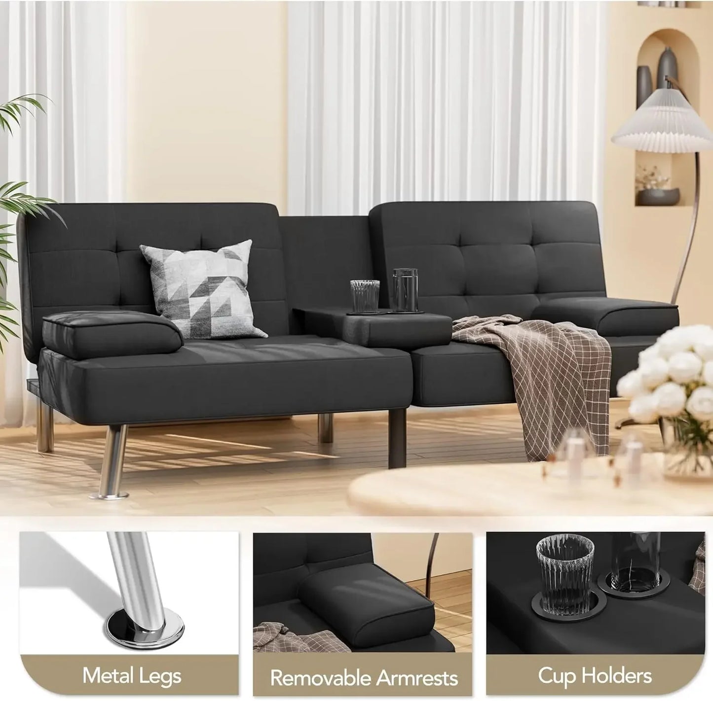 XMSJ Modern Linen Upholstered Convertible Futon Sofa Bed Removable Armrests