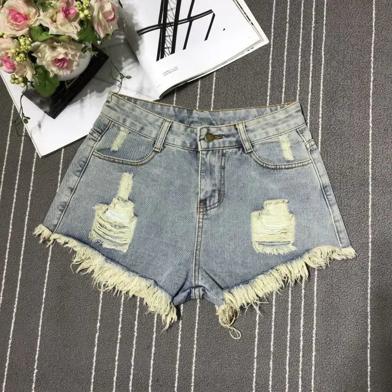 CN Guangdong High Waist Hollow Out Denim Shorts Women