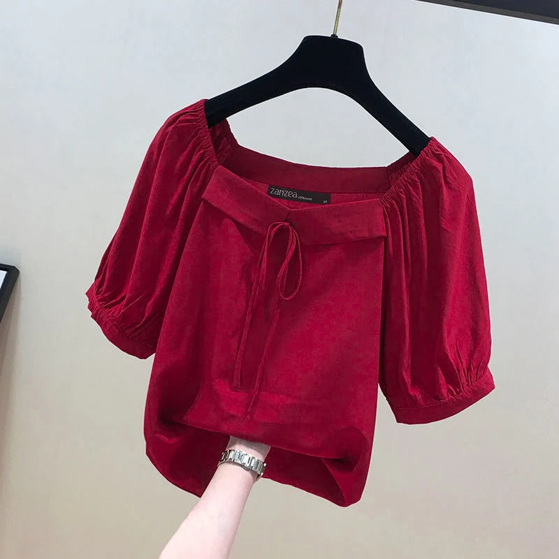 ZANZEA Korean Style Square Collar Lace-Up Blouse