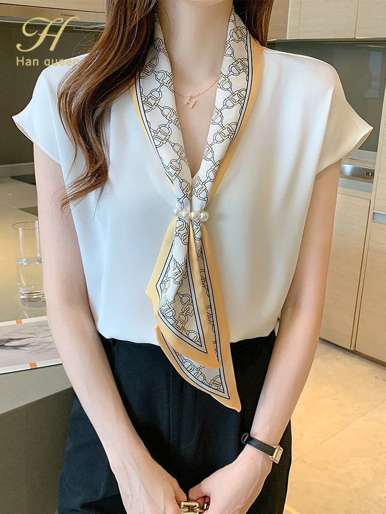 H Han Queen Chiffon V Neck Office Blouse Women