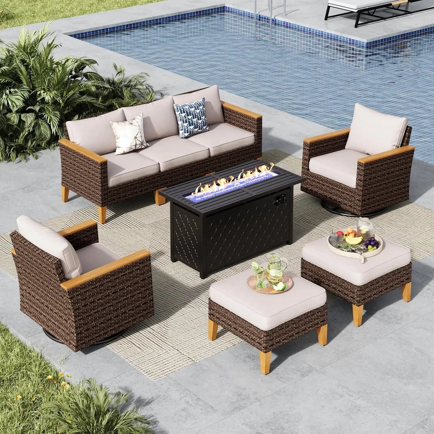 9 Piece Wicker Patio Furniture Set with 56 Inch Fire Pit Table All Weather PE Rattan Patio Sectional Sofa Conversation Set