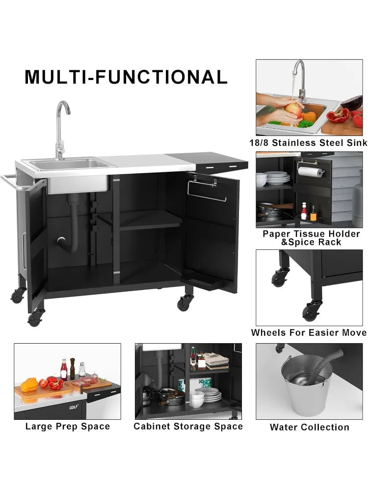 Outdoor Grill Table With Sink Metal Grill Cart Outdoor Kitchen Island With Stainless Steel Sink 57 Inch By 21.65 Inch
