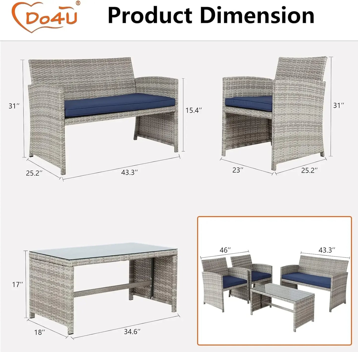 3 4 5 Pieces Patio Furniture Sets Outdoor Sectional Wicker Set Outdoor Conversation Set Patio Loveseats with Coffee Table
