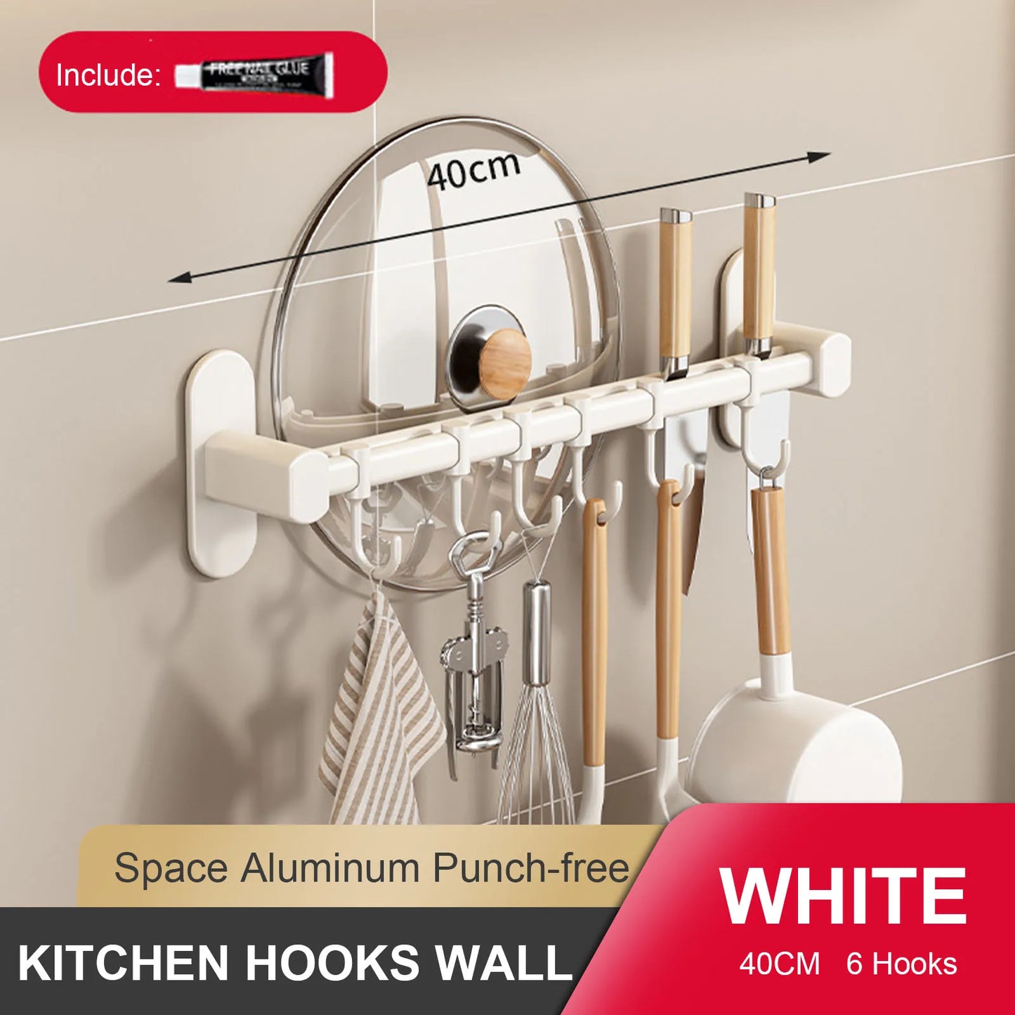 RUITHOEC Wall Mounted Kitchen Hook Rack No Punching Rail