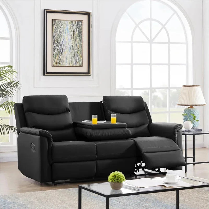 Comfy Scandinavian Leather Sofa Set with Recliners and Cup Holders