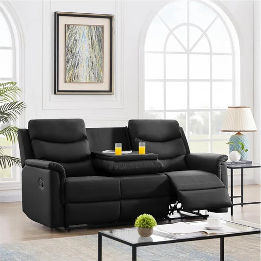 Comfy Scandinavian Leather Sofa Set with Recliners and Cup Holders