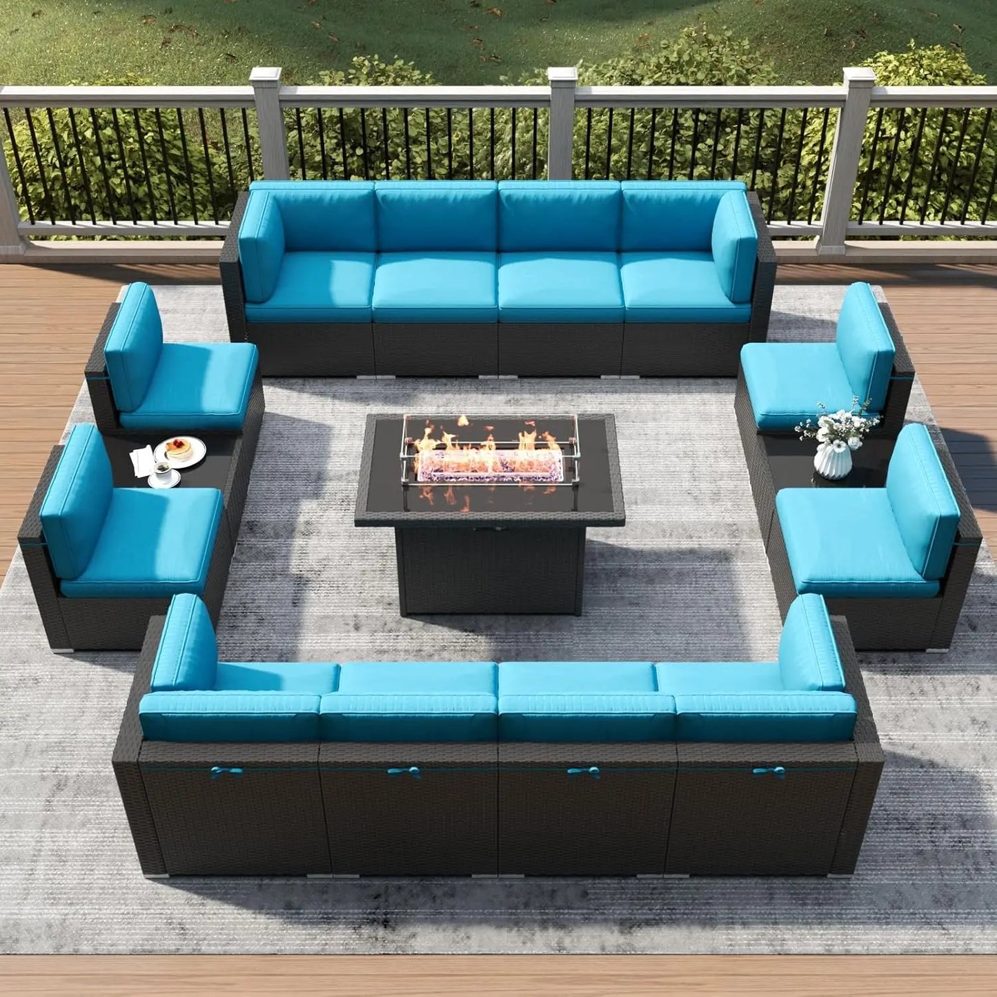 Outdoor Wicker Rattan Conversation Set With Fire Pit Table 15 Piece Patio Furniture Set