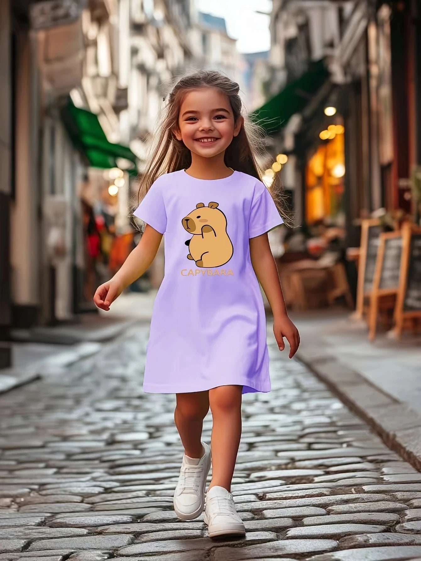 Girls Casual Dress with Capybara Cartoon Animal Print