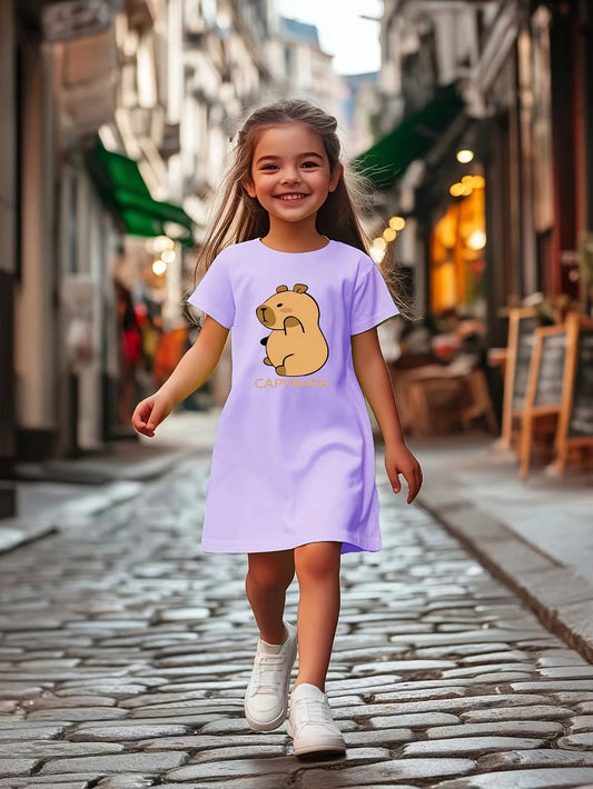 Girls Casual Dress with Capybara Cartoon Animal Print