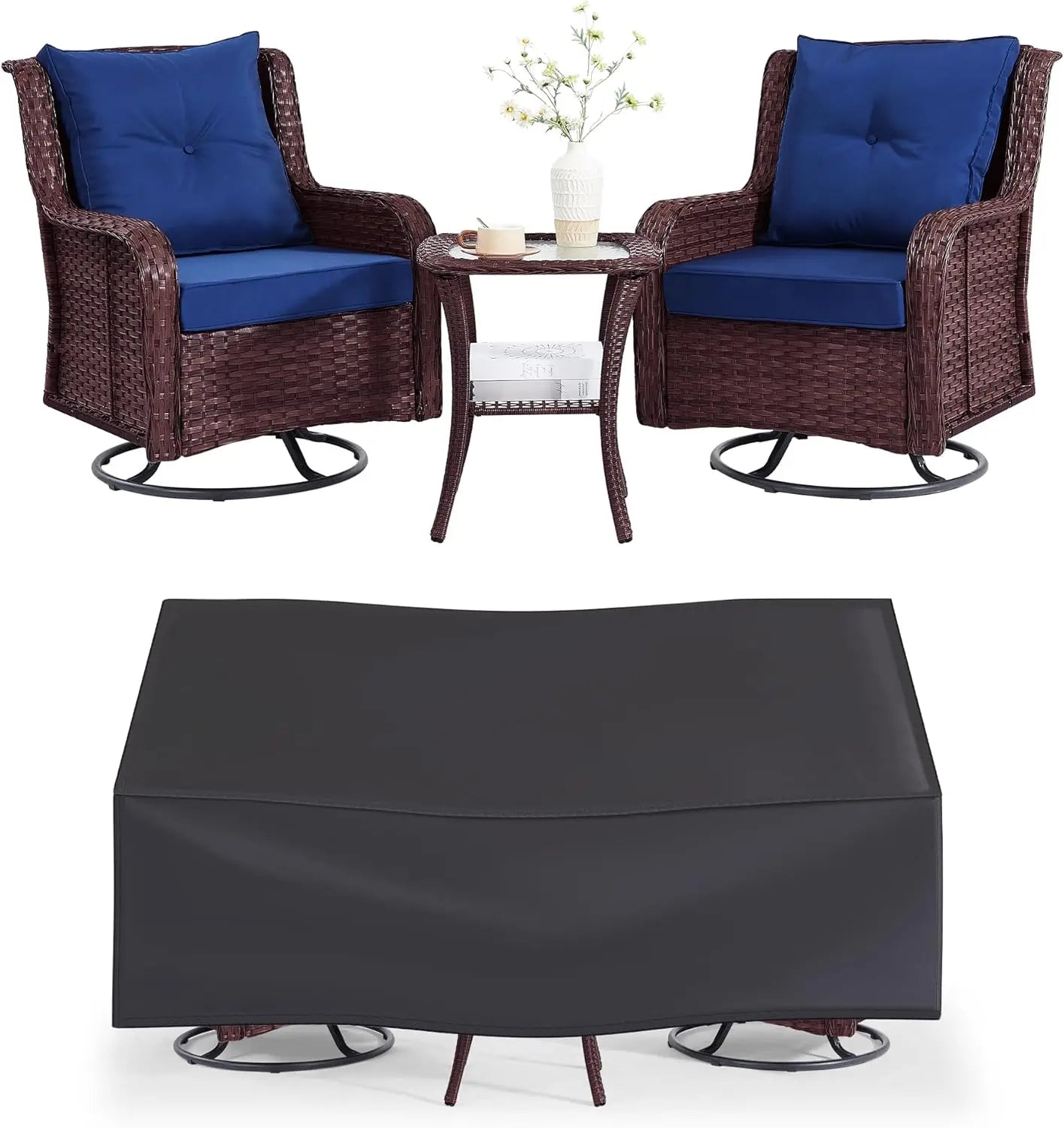 HUANZHUANG Patio 3 Piece Wicker Set With Swivel Chairs
