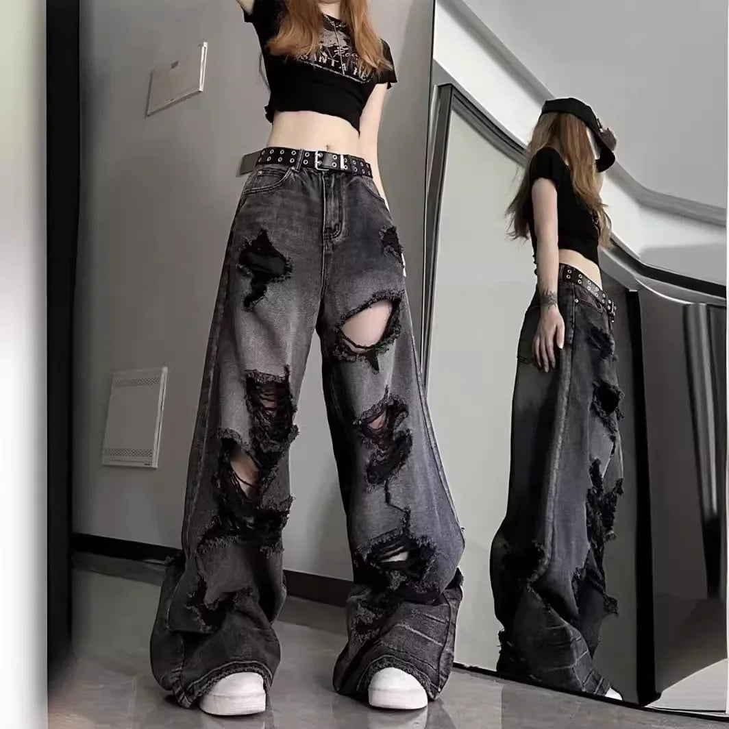 Unique Distressed Loose Fit Bell Bottom Jeans for Women
