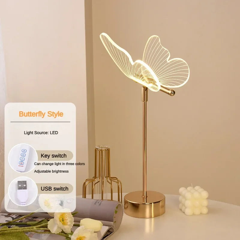 Butterfly LED Table Lamp Retro Gold Acrylic Desk Decor