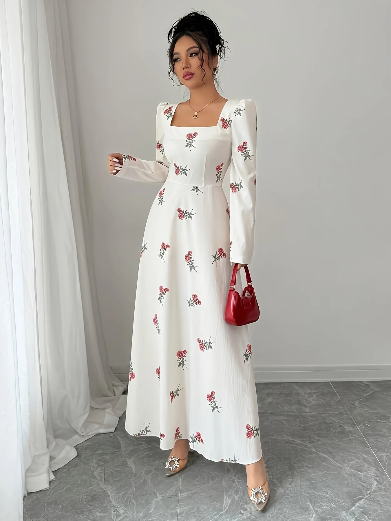 Elegant White Rose Print Prom Dress with Bow and Long Sleeves