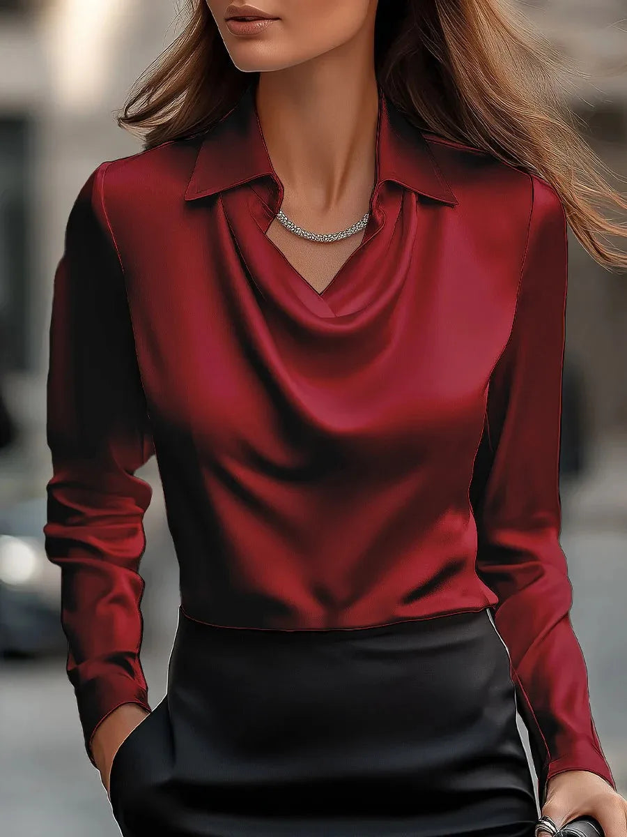 CN Fujian Satin Shirt Blouse V Neck Long Sleeve Office