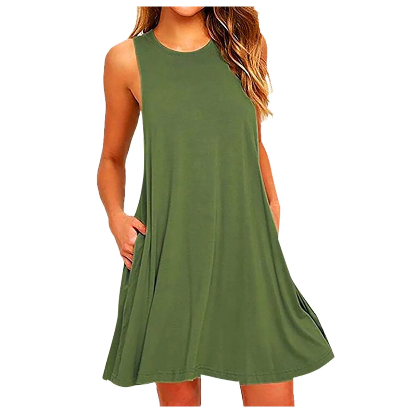 Women Summer Casual Pleated Tank Dress with Pockets
