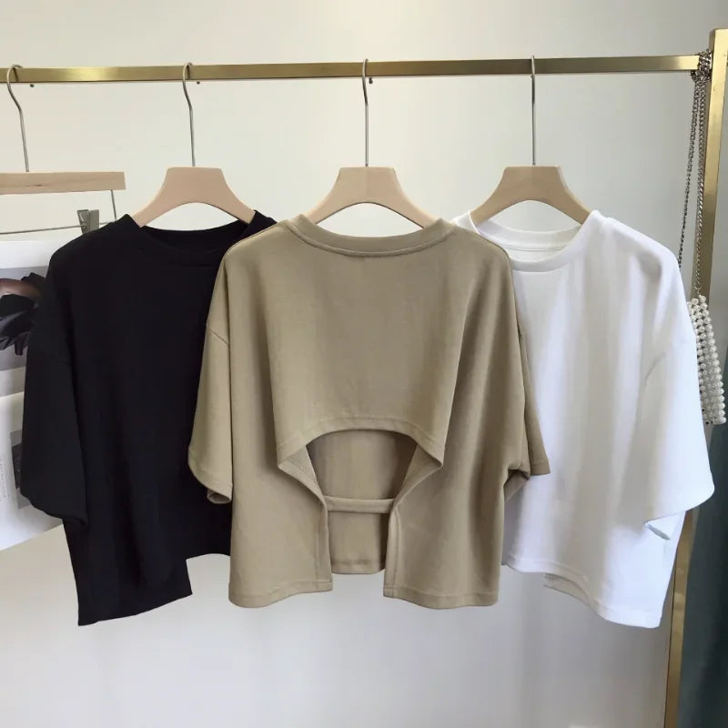 Casual Backless T-Shirt for Women Summer Loose Crop Top