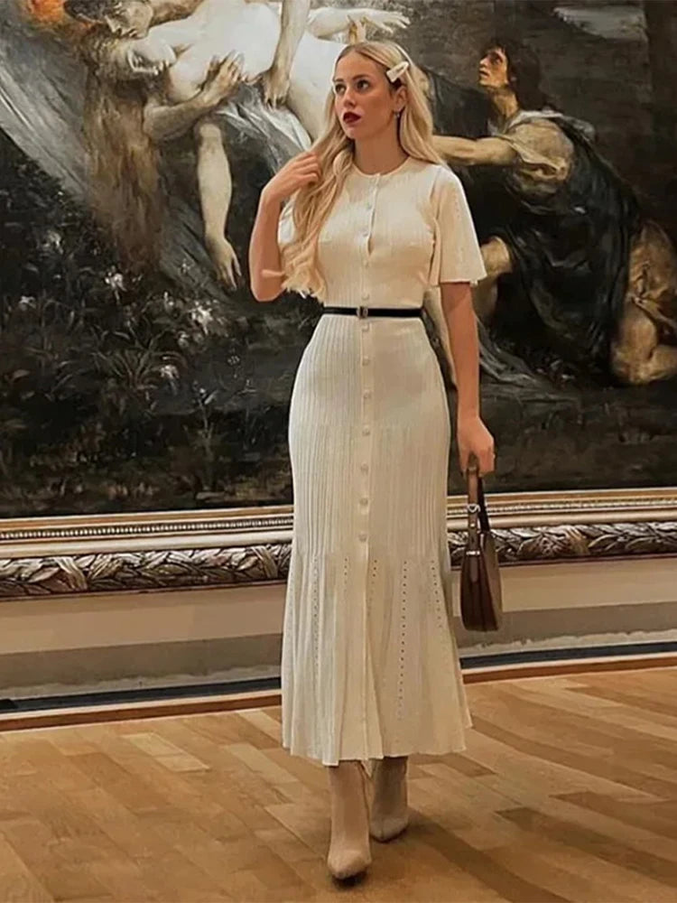 EBSTLCN Elegant Knitted Dress Women O Neck Short Sleeve