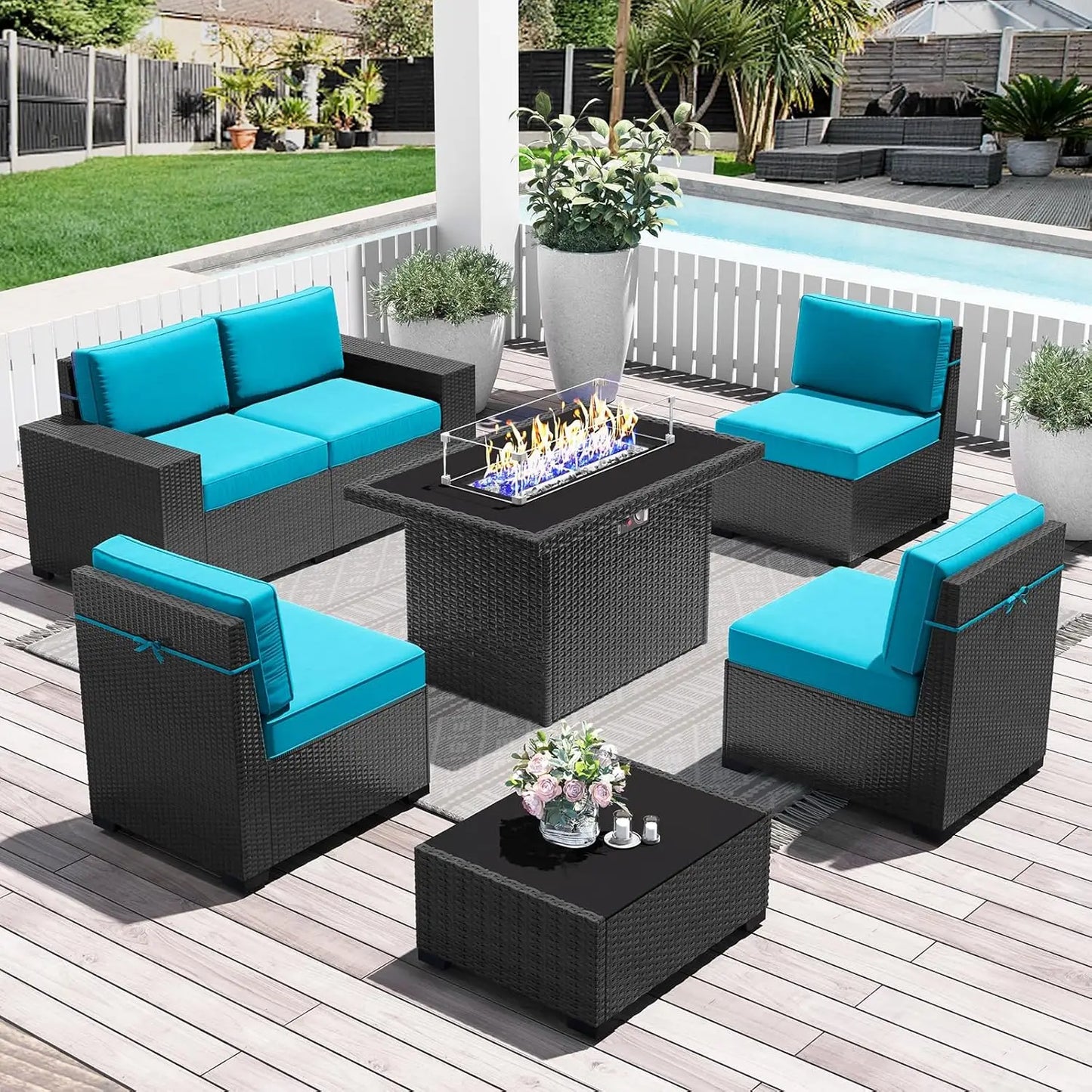 Outdoor Wicker Rattan Conversation Set With Fire Pit Table 15 Piece Patio Furniture Set