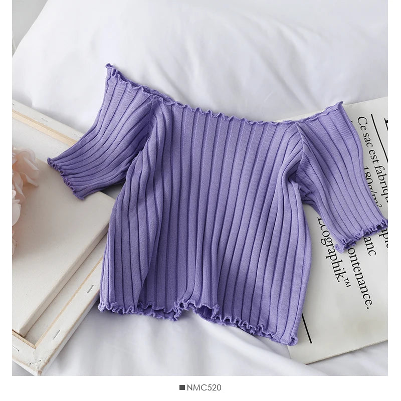 IToolin Women Ruffled Hem Off Shoulder Crop Top T-shirt