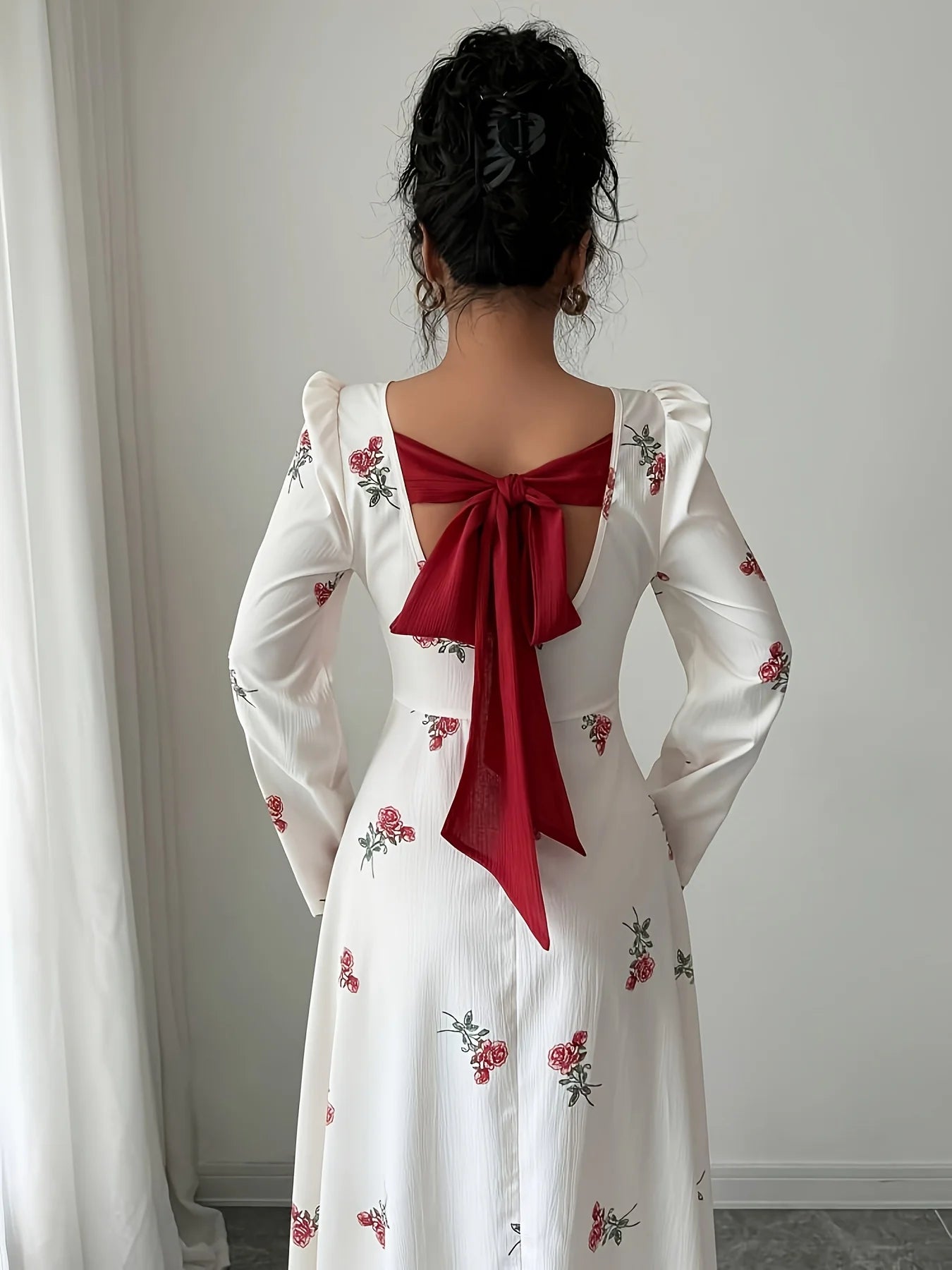 Elegant White Rose Print Prom Dress with Bow and Long Sleeves