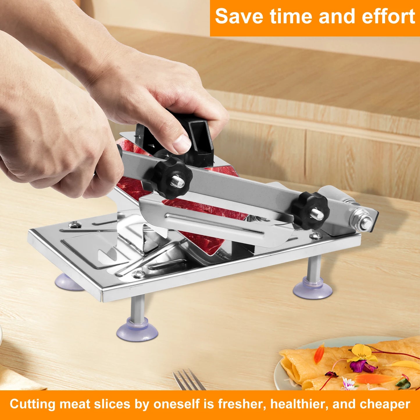Stainless Steel Meat Slicer with Adjustable Thickness and Suction Cups