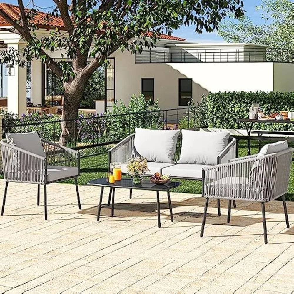 Outdoor 4-Piece Garden Furniture Rattan Set With Cushions